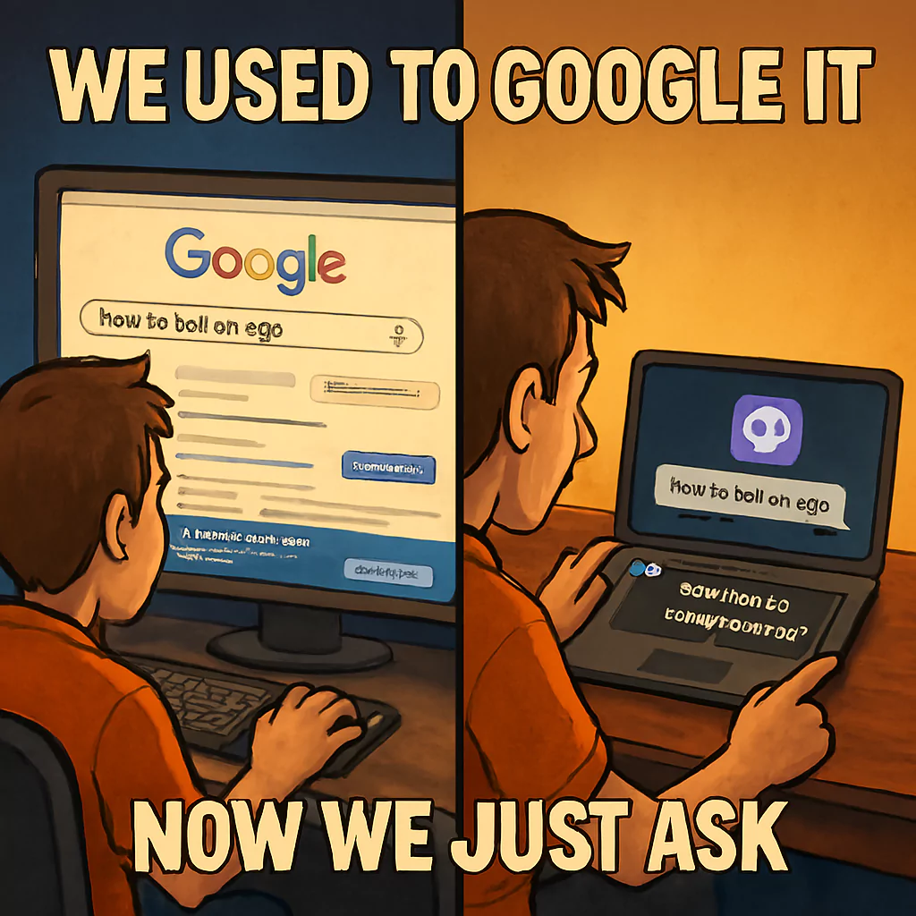 AI-generated 2-column picture of a person in front of a computer with the caption 'We used to Google it, now we just ask.'